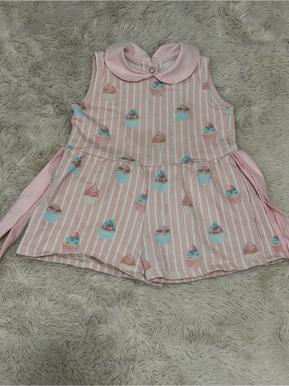 Girls' Pink Cupcake Print Sleeveless Romper with Peter Pan Collar